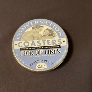 O.r.e Conversation Round Paper Coasters Set of 24 Pick up Lines. Comes in a Tin